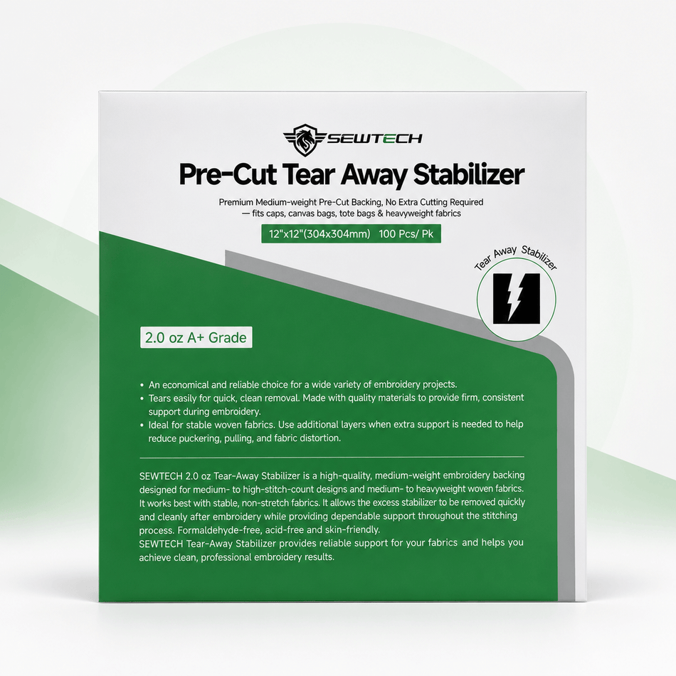 Pre-cut 2.0 Oz Tear Away Stabilizer Embroidery Backing  12" x 12" 100 Sheets for 5x7  10x10 Embroidery Hoops