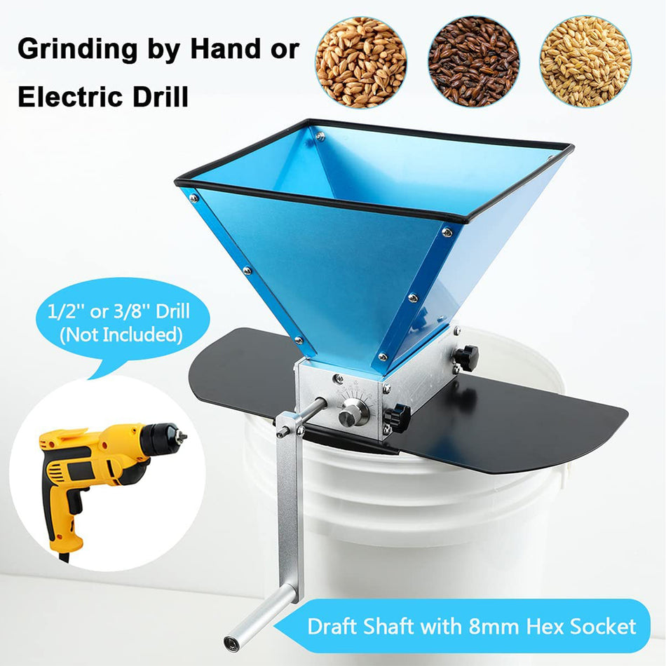 Grain Mill Brewing for Grain Malt Barley, Malt Mill for Homebrew Beer, Grain Crusher Grinder with 7.7LB Hopper 2 Stainless Steel Bearing Rollers and Steel Metal Base