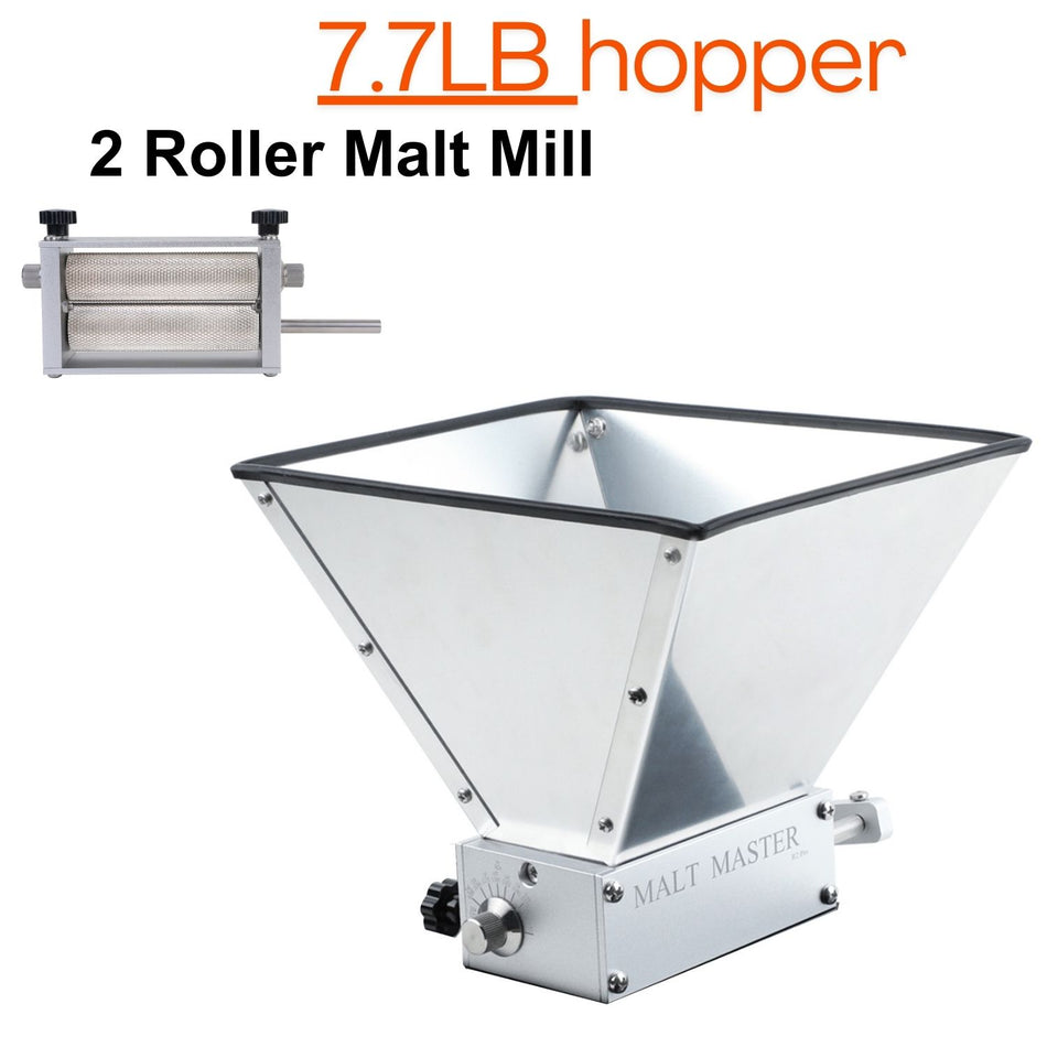 Grain Mill Brewing for Grain Malt Barley, Malt Mill for Homebrew Beer, Grain Crusher Grinder with 7.7LB Hopper 2 Stainless Steel Bearing Rollers and Steel Metal Base