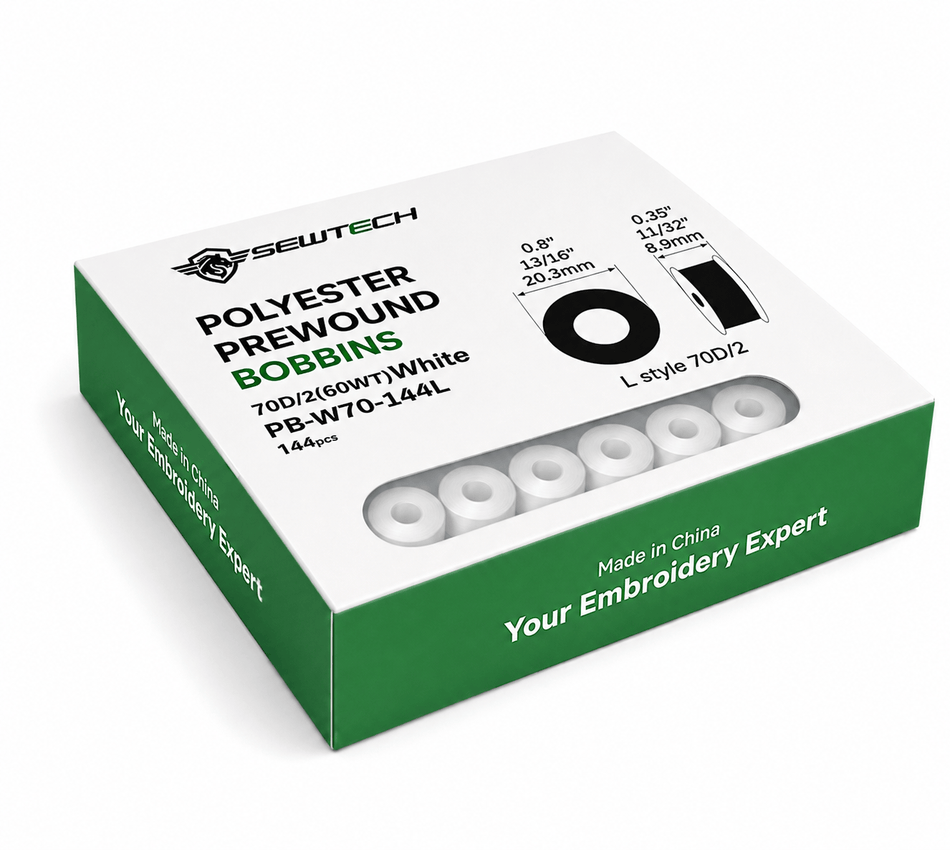 Sewtech Size L (SA155) Prewound Bobbins, 70D/2 60WT White Polyester Bobbin Thread, 144 pcs